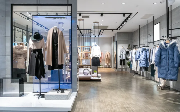 Modern clothing store interior with mannequins in a glass display wearing beige coats and dresses, and a row of blue jackets along the right wall.