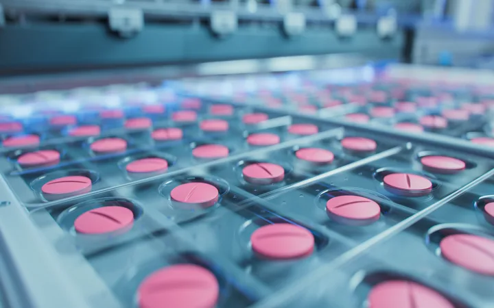 Multiple pink pills in blister packs on a medical tray.