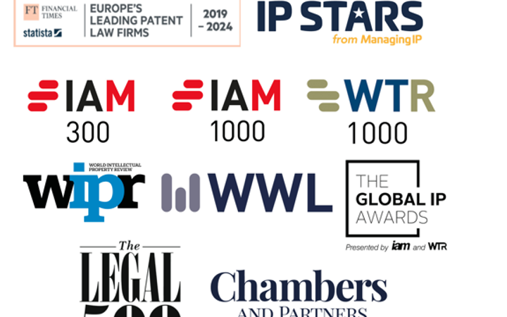 Logo d'organisations et de prix liés au domaine de la propriété intellectuelle, avec des textes et des symboles variés sur un fond blanc.