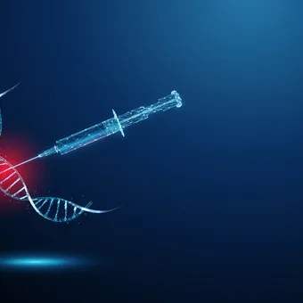 Digital, glowing blue syringe aimed at a DNA double helix against a dark blue gradient, with a red glow where the needle meets the helix.