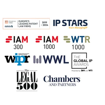 Logos de plusieurs cabinets de propriété intellectuelle et de prix liés au droit des brevets et à la propriété industrielle, en disposition verticale.