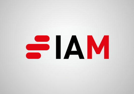 IAM logo: three red rounded horizontal bars to the left of black "IA" and red "M" on a light grey gradient background