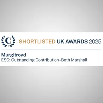 Shortlisted UK Awards 2025 badge with a laurel emblem; displays 'Murgitroyd' and 'ESG: Outstanding Contribution - Beth Marshall'.